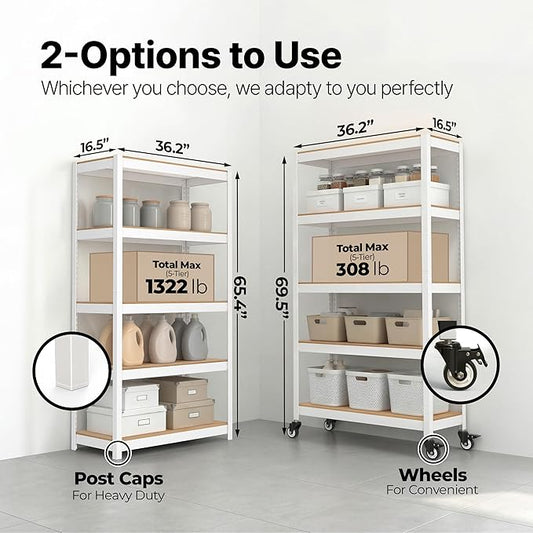 HOMEDANT House 5 Tier Heavy Duty Garage Shelving Adjustable Metal Rack Storage Shelves Standing Shelf Unit Organizers Pantry Closet Office (2, White, (Wheels) 36.2" W x 16.2" D)