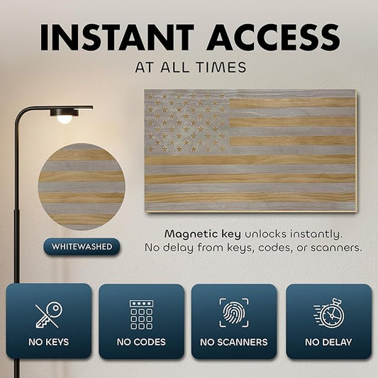 American Flag Hidden Gun Safe - Quick Access Hidden Gun Shelf - Concealment Shelf with Magnetic Lock - Wall Gun Safe for Secure Firearm Storage - Handcrafted In USA by Bellewood Designs (Whitewashed)