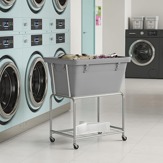 ELYKEN Rolling Laundry Hamper with Wheels, 32-Gallon (122L) Laundry Cart with Removable Bag, 2-Tier Clothes Basket Hamper with Shelf for Closet, Bedroom, Bathroom, Laundry Room, Gray