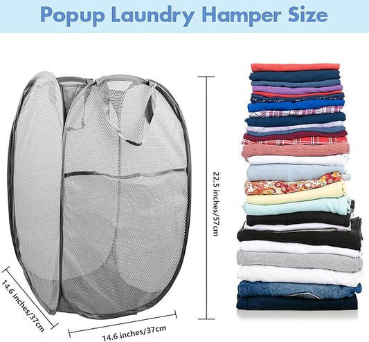 Pop Up Hamper, 2 PCS Mesh Pop Up Laundry Hamper, Foldable Mesh Laundry Basket with Space Saving Design for Home, Dorm, Travel and Storage, Gray