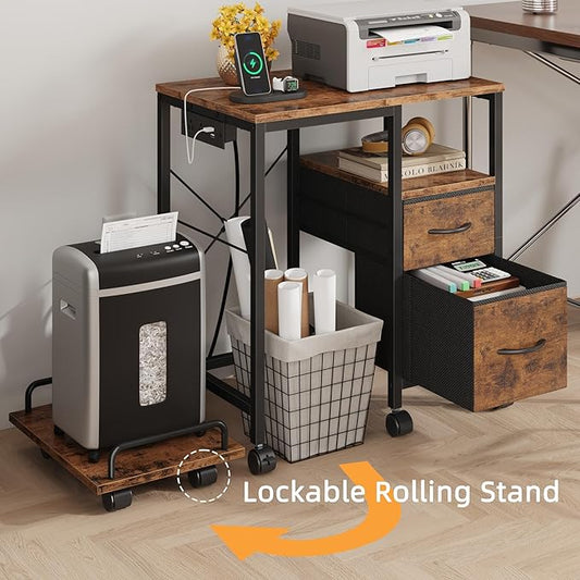YAOHUOO Printer Stand with Power Outlet/Fabric Drawers, Printer Cabinet with Storage Shelf and Rolling Shredder Stand, Printer Table for Home Office, 22.8"×15" Rustic Brown