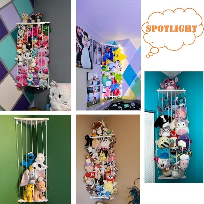 Corner Stuffed Animal Storage Net - Stuffed Animals Holder with Lights - Plush Organizer Hanging Stuffed Animal Hammock for Wall (White)