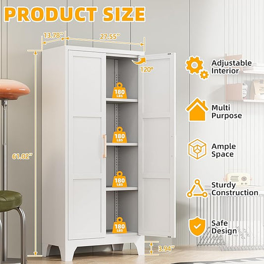 61"H Metal Pantry Cabinet with 2 Doors and 3 Adjustable Shelves,Food Storage Cabinet with Gold Handle for Kitchen,Dinning Room,Home Office,Living Room,Easy Assembly (White,61"H x13.8"D x27.6"W)