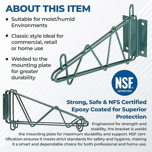 Epoxy Green Wall Mounting Bracket for Wire Shelving | 2 Brackets for Commercial, Retail or Home Use | NSF Certified | Set of 2 Brackets | (14")