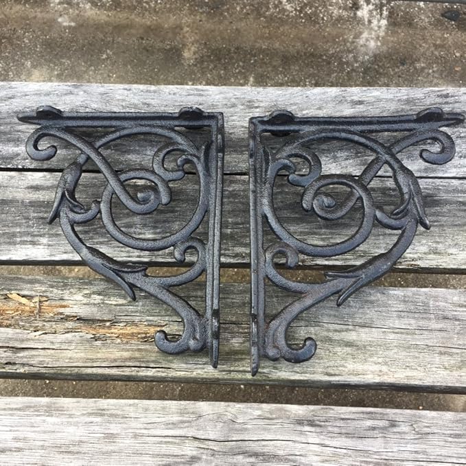 4 Pack Heavy Duty Wall Shelf Bracket, Antique Style Cast Iron Brackets, Garden Braces Rustic Shelf Bracket Black, Hardware Included