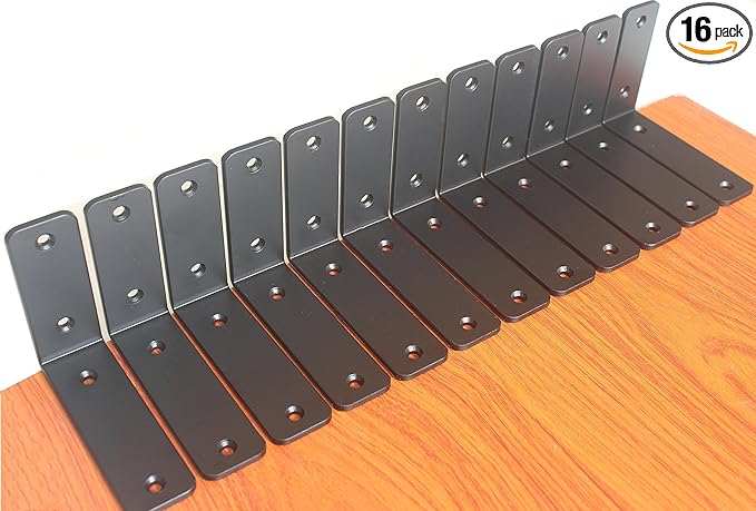 16 Pack - L 5" x H 4" x W1.5, 5mm Thick Black L Shelf Bracket, Iron Shelf Brackets, Metal Shelf Brackets, Floating Shelf, Shelf Supports with Screws