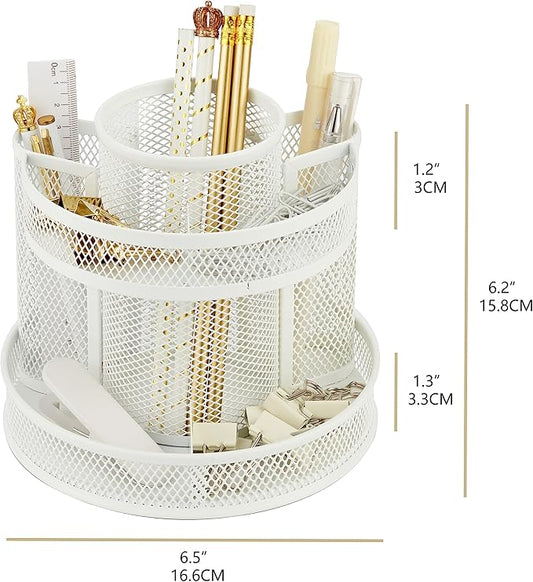 Annova Mesh Desk Organizer Rotate with 6 Compartments Round Spinning Tidy Candy/Pen Holder Desk Accessories Office, Art Supply, Storage, Classroom, Home (White)