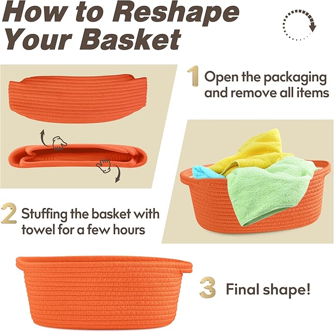 Pro Goleem Small Woven Basket with Gift Bags and Ribbons Durable Baskets for Gifts Empty Small Rope Basket for Storage 12"X 8" X 5" Baby Toy Basket with Handles, Orange