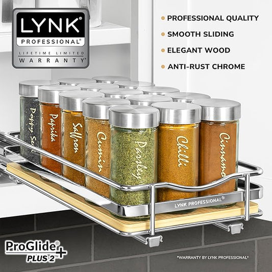 LYNK PROFESSIONAL® Élite™ Pull Out Spice Rack Organizer for Inside Kitchen Cabinets - 6-3/8 inch Wide - Slide Out Drawer – Wood/Chrome Sliding Spice Organization for cabinet - Spice Racks - 1 Tier