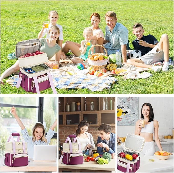 Insulated Lunch Bag & Lunch Box for Women - Double Deck Reusable Lunch Bag for men Tote Cooler Bag Leakproof Soft Expandable - Large Lunchbox for Work/Adult/Picnic/Outdoor (Light Purple,15L)