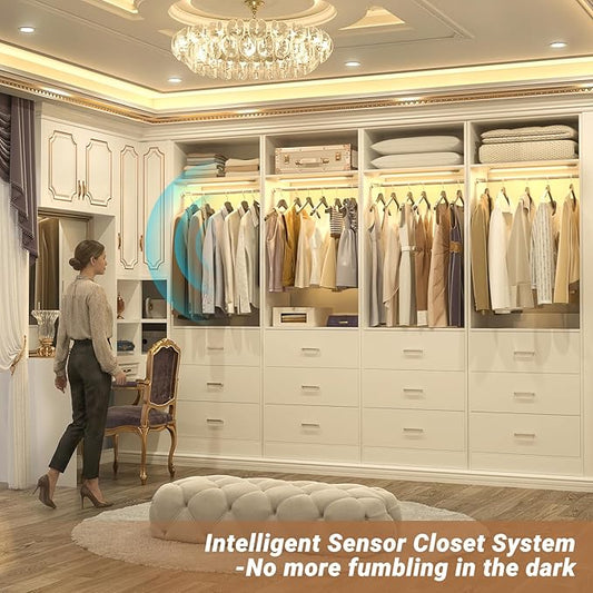 2FT Closet System with 3CCT Sensor Light, 24" Closet Organizer with 3 Wooden Drawers, Closet Systems with Hanging Rod & Top Storage, Small Closets Wardrobe for Walk-in Closets, White