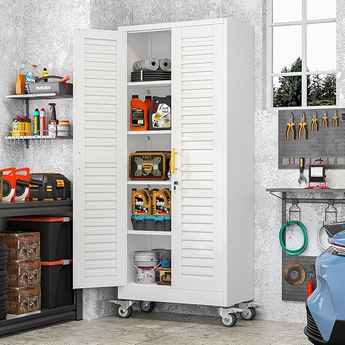 71” Metal Garage Storage Cabinet with Lock and Wheels, Metal Storage Cabinet with Louvered Door and 4 Adjustable Shelves, Rolling Tool Cabinet, Utility File Cabinet for Home Office - White
