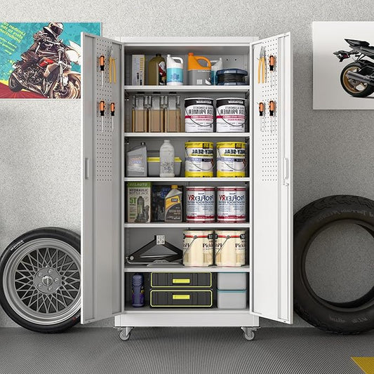 Aobabo Metal Storage Cabinet with Wheels,Heavy Duty Office Storage Cabinet with Lock,Steel Cabinet with 2 Doors and 5 Adjustable Shelves for Office Home School Storage,Required-Assembly White