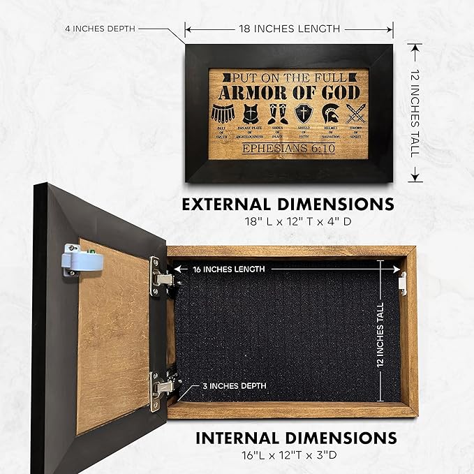 Full Armor of God Wall Gun Safe - Religious Hidden Gun Safe - Handcrafted Concealment Furniture for Guns - Quick Access Firearm Storage with Magnetic Lock - Hidden Shelf Safe by Bellewood Designs