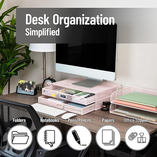 Mind Reader Mesh Monitor Stand with Storage Drawer, Ventilated Laptop Riser and Desktop Organizer, Office, Metal Mesh, Pink