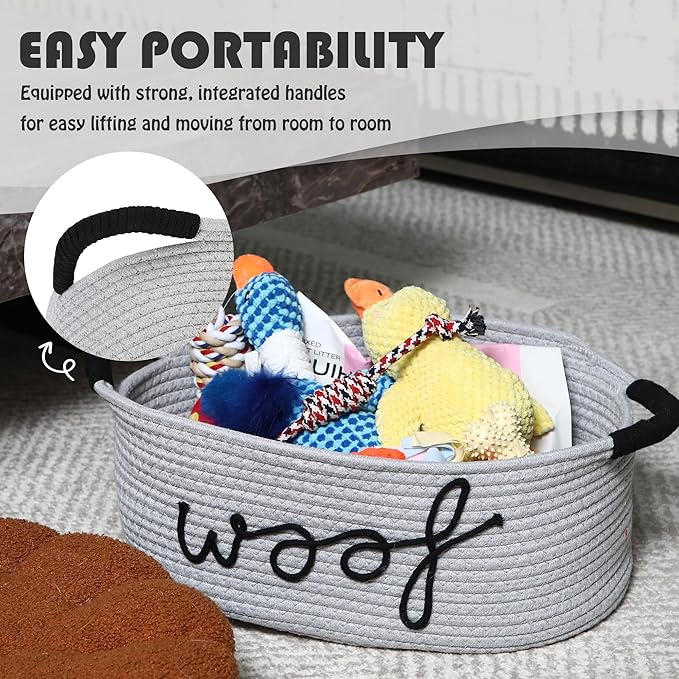Sea Team Dog Toy Storage Basket with Handles, 16.5 x 11 x 7 Inches, 4.4 Gallons Large Cotton Rope Storage Bin, Shelf Basket, Organizer for Pet Chew Toys, Foods, Grey Woof