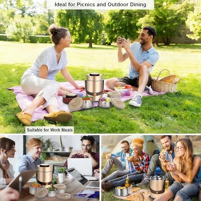 67 oz Adults Stainless Steel Vacuum Insulated Wide Mouth Soup Food Thermo Hot Food Jar with Keep Thermal Portable 3 Tier Stackable Bento Hot Food Containers Lunch Boxes (67 oz Gold)