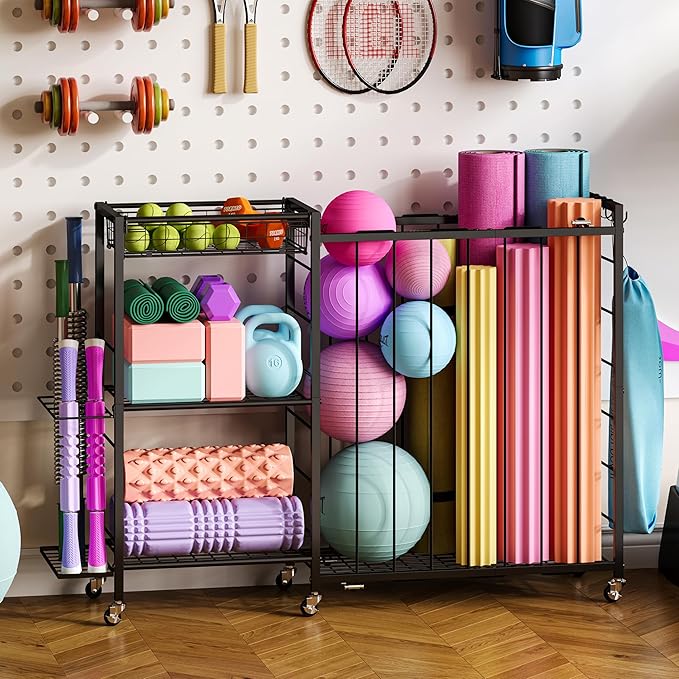 Ball Storage with Elastic Rope for Sports and Outdoors, Garage Organization with Wheels for Sports Gear and Toys, Large-Capacity Sports Equipment Organizer with Baseball Bat Holder and Basketball Rack
