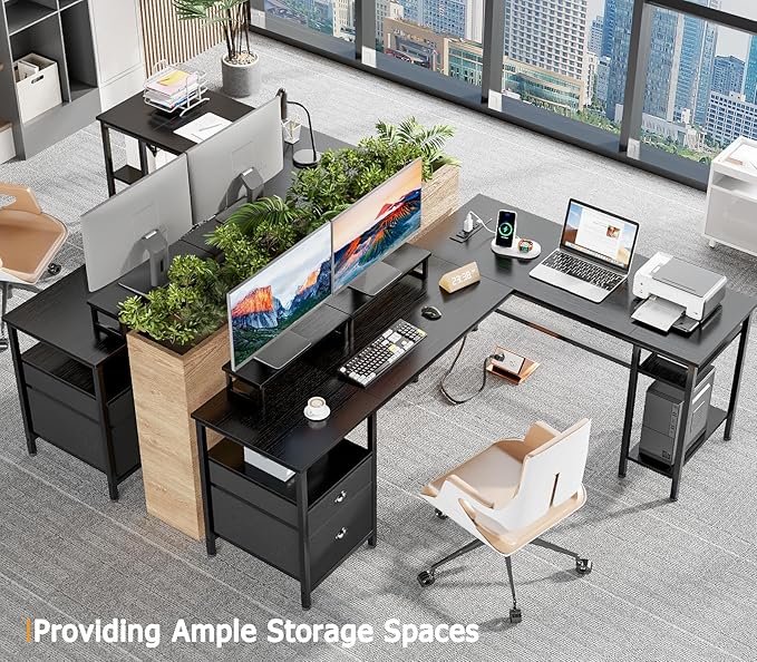 Furologee 66” L Shaped Desk with Power Outlet, Reversible Computer Gaming Desk with File Drawer & 2 Monitor Stands for Home Office with Storage Shelves, Black