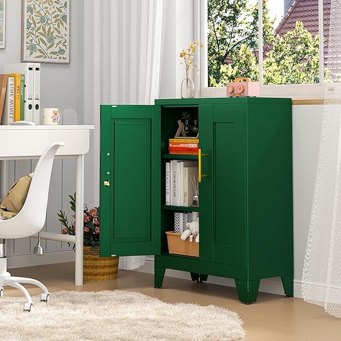36" Tall Metal Storage Cabinet with Lock, File Cabinet with 2 Doors and 2 Adjustable Shelves, Green Bathroom Floor Storage Cabinets, Freestanding Small Locked Cabinets for Home/Office/Garage