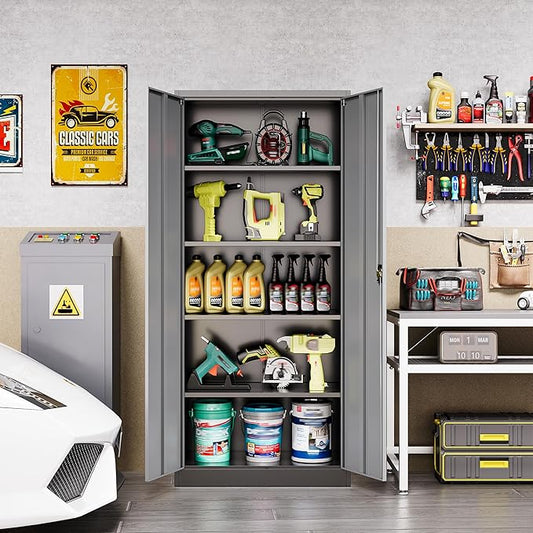 72 Inch Metal Cabinet,Locking Storage Cabinet with 2 Doors and 4 Adjustbale Shelves,Steel Tool Cabinet for Garage,Basement,Home Office,Gym(Grey& Black)