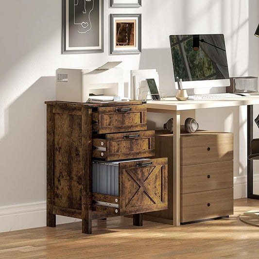 HOMCOM 3 Drawer File Cabinet with Silent Slides, Vertical Filing Cabinet for Hanging A4/Letter Size, Rustic Farmhouse Printer Stand with Storage for Home Office, Rustic Brown