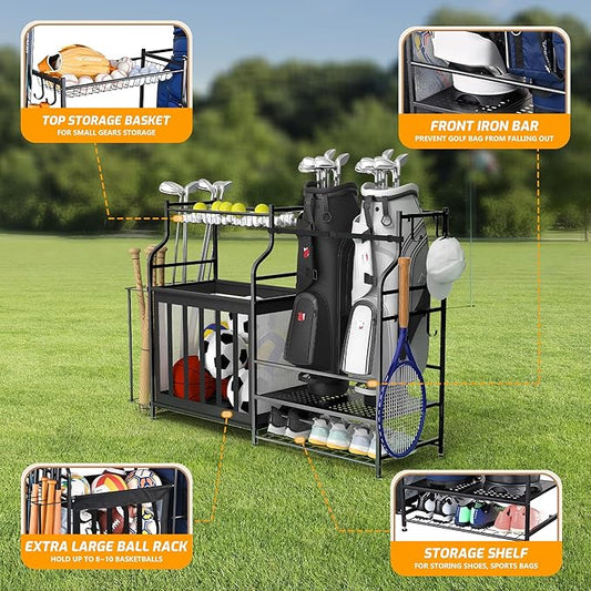 PLKOW Sports Equipment Organizer Rack, Garage Ball Rack, 2 Golf Bag Storage and Sports Gear Organizer for Garage