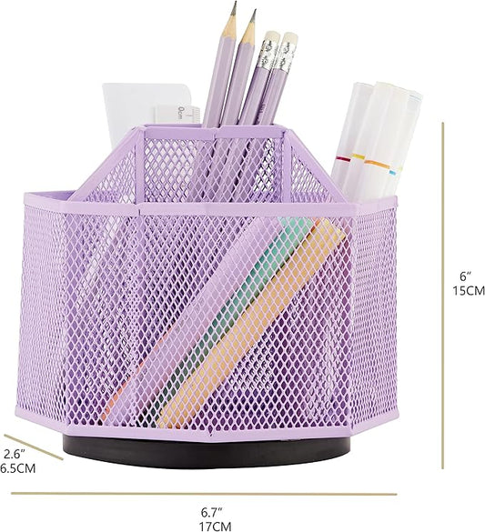Annova Mesh Desk Organizer Rotate with 5 Compartments Spinning Tidy Candy/Pen Holder Office, Art Supply, Storage, Classroom, Home (Light Purple)