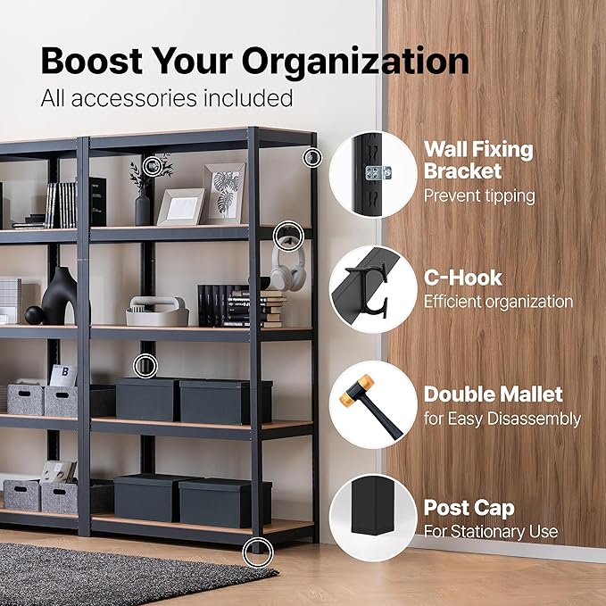 HOMEDANT House 5 Tier Heavy Duty Garage Shelving Adjustable Metal Rack Storage Shelves Standing Shelf Unit Organizers Pantry Closet Office (2, Black, (Wheels) 48.1" W x 18.5" D)