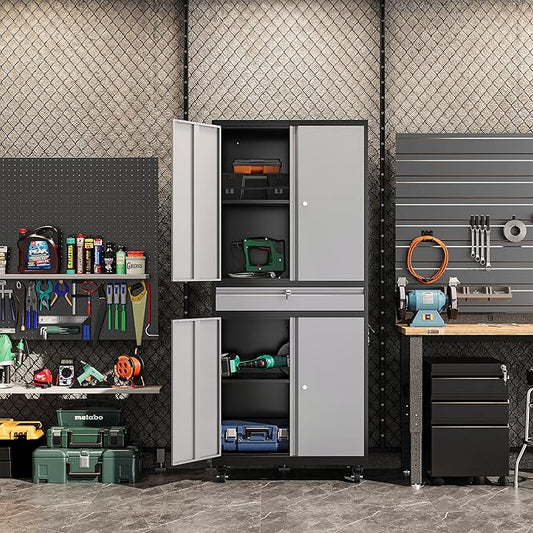 Metal Garage Storage Cabinet with Wheels, 73" Lockable Storage Cabinet with 2 Adjustable Shelves and 1 Drawer for Garage, Utility Room, Warehouse (Black Grey)