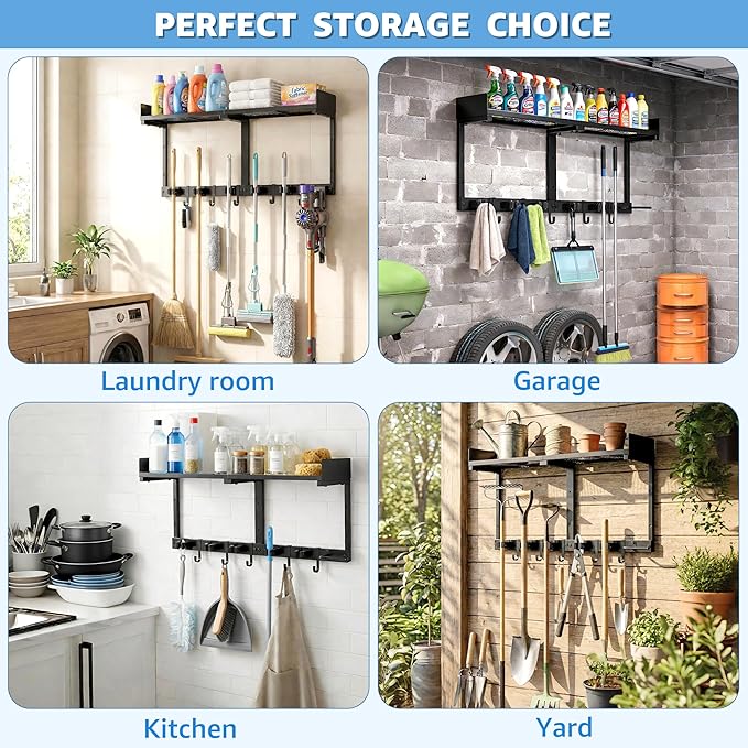 Broom Holder Wall Mount, 27" Large Mop and Broom Organizer Wall Hanging with Top Storage Shelf & Vacuum Hook, Heavy Duty Iron Utility Rack for Laundry Room, Garage, Kitchen, Garden - Black