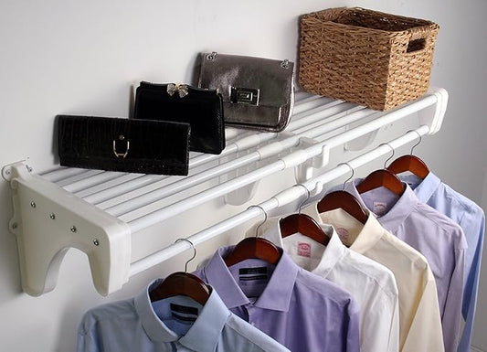 EZ Shelf - Closet Shelf with Hanging Rod - 30” to 50" Expandable, White, Closet Shelves – Strong, Holds 200 lbs – Easy Install – Backwall (Floating) with 2 End Brackets, Alternative to Wire Shelving
