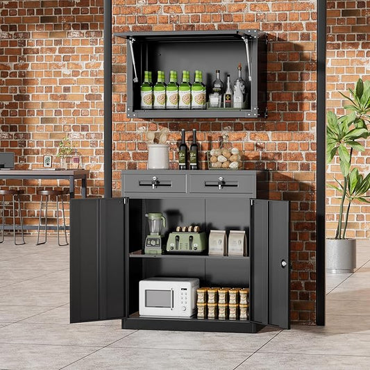 Greenvelly Metal Storage Cabinet, 36" H Lockable Storage Cabinet with 2 Drawers and Adjustable Shelf, Locked Metal Cabinets for Office, Garage, Home (Black)