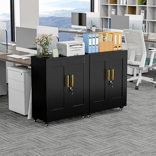 Metal Storage Cabinet with Lock and Wheels, Steel Tool Cabinet with 2 Door and 2 Adjustable Shelves, 35” Tall Lockable File Cabinet, Garage Cabinet, Rolling Cabinet for Home Office - Black
