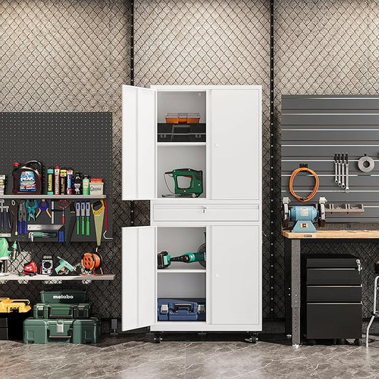Metal Garage Storage Cabinet with Wheels, 73" Lockable Storage Cabinet with 2 Adjustable Shelves and 1 Drawer for Garage, Utility Room, Warehouse (White)