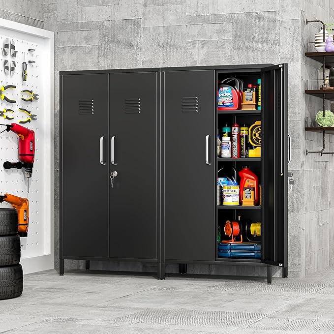 47.24" Metal Storage Locker with Lockable, Employees Metal Steel Locker with 2 Door & 3 Adjustable Shelves, Small Locker Storage Cabinets for Home, School, Office, Gym (Black)