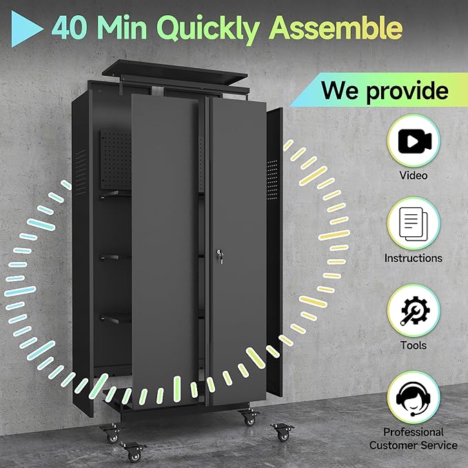 Metal Garage Storage Cabinet with Wheels,71" Tool Storage Cabinet with Adjustable Shelves,Lockable Storage Cabinets with Pegboards for Warehouse,Workshop,Garage,Basement,Utility Room(Black