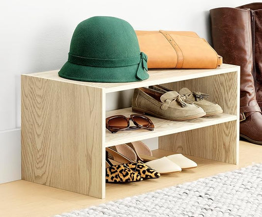 Whitmor Wood Stackable 2-Shelf Shoe Rack, White Oak, 24 inches,2 Pack