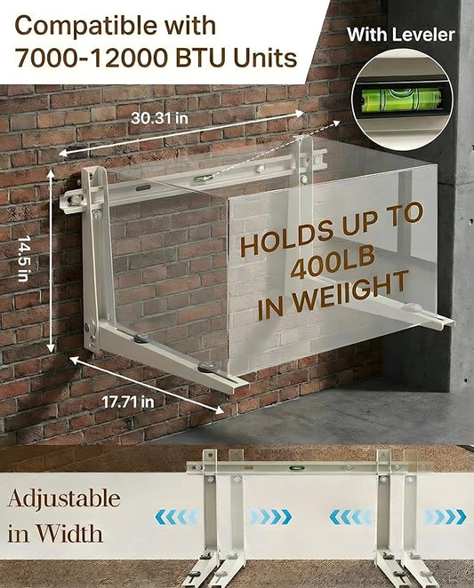 Heavy Duty Mini Split Wall Mounting Bracket for Outside, 400lb Load Capacity, Galvanized Carbon Steel, Dual Anti-Rust Coating, Leveling Bar, Anti-Vibration Pads, Fits 7000–12000 BTU AC Units