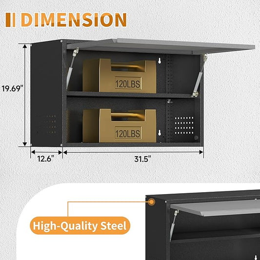 Metal Garage Wall Cabinet with Up-Flip Door, Float Tool Cabenit with Adjustable Shelf,Steel Wall-Mounted Storage Cabinet with Pegboard for Kitchen,Garage,Workshop,Warehouse(19.7"H,Black&Gray)