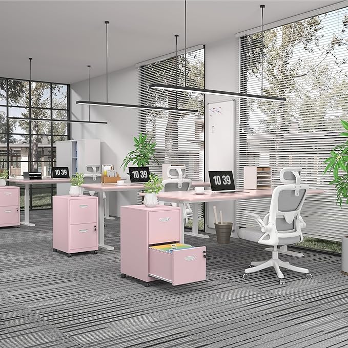 2 Drawer File Cabinet with Lock,Pink Rolling File Cabinet for Home Office, Metal Small Mobile Filing Cabinets on Wheels for Hanging Letter