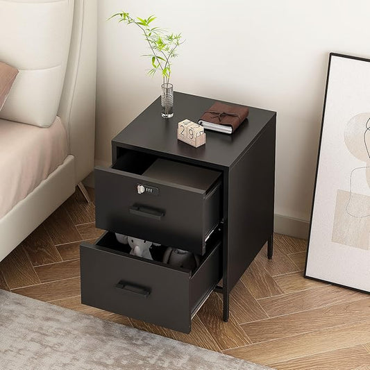 Metal Nightstand,2 Drawer End Side Table Lockable Modern Locker Storage Cabinet for Living Room, Bedroom, Dorm, 21.26”H X 15.75”W X 15.75”D (2 Drawer, Black)