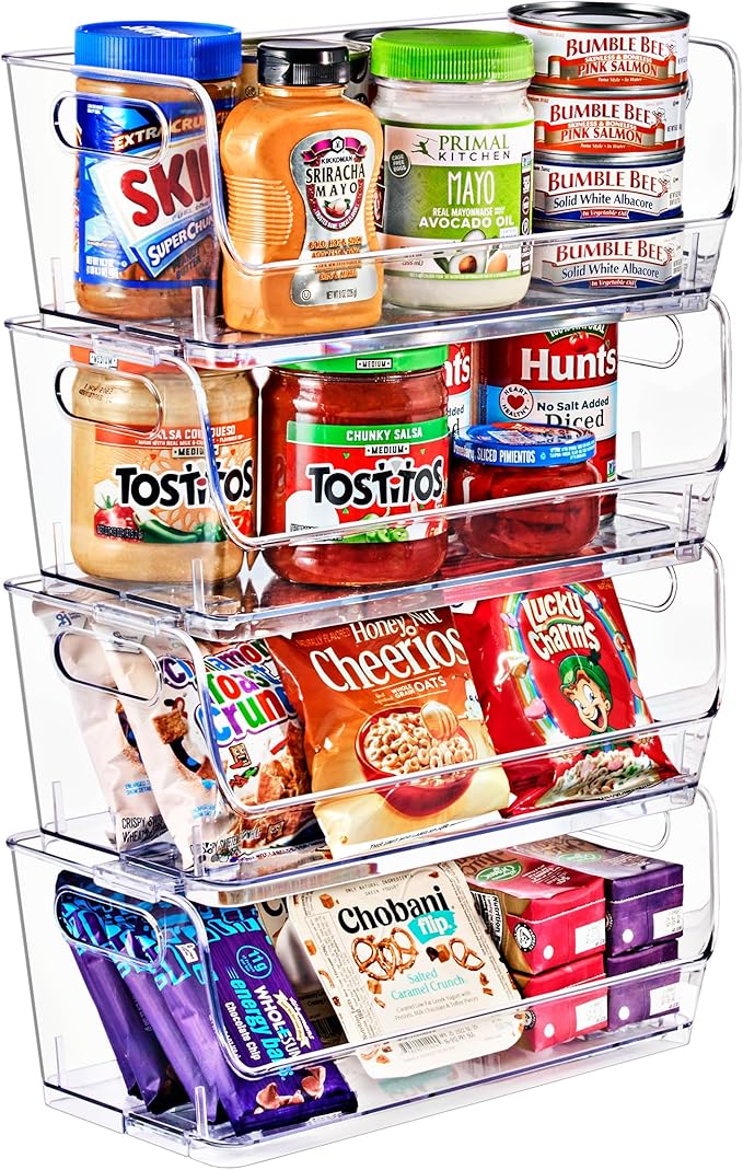 Sorbus Stackable Storage Bins Open Front, Clear Stackable Storage Bins, Pantry Bins for Storage and Organization, Acrylic Stackable Bins for Kitchen, Clear Pantry Organizer Bins (Small Narrow 4 Pack)