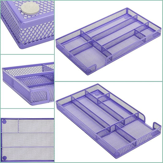 Annova Desk Drawer Organizer Tray for Office Organization - Metal Mesh - Storage Tray with Dividers for Pens, Desktop Accessories, Bathroom, Kitchen, Makeup and Office Supplies (Small, Purple)