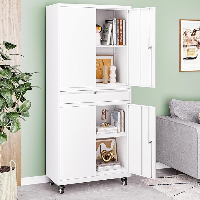 73" Metal Garage Storage Cabinet with Wheels, Rolling Tool Storage with Locking Doors, Adjustable Shelves and Drawer, Heavy Duty Steel Tool Cabinet for Garage, Warehouse, School(White)
