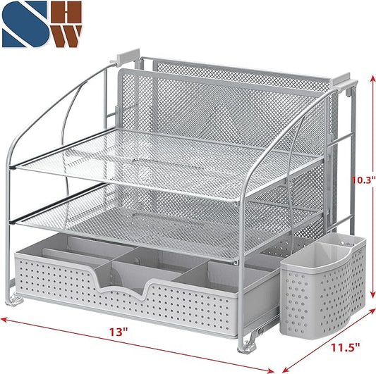 Simple Houseware 3-Tier Desk Organizer with Sliding Drawer, Hanging File Holder and Pen Holder Accessory, Silver
