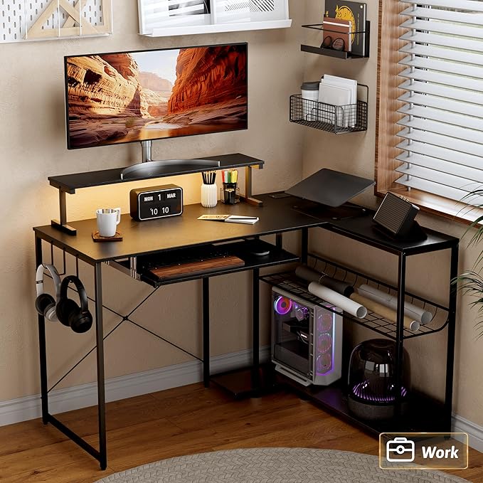Computer Desk, L Shaped Gaming Desk with Monitor Stand & Storage Shelf & LED Light & USB Power Outlet, Reversible Shelves Corner Table with Keyboard Tray for Gaming, Home Office, Study