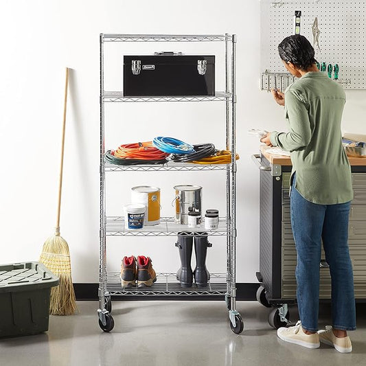 Amazon Basics 5-Shelf Adjustable, Heavy Duty Storage Shelving Unit on 4" Wheel Casters, Easy to Move Portable Wire Shelving, No Tools Needed for Easy Assembly, 30" x 14" x 64.8", Chrome