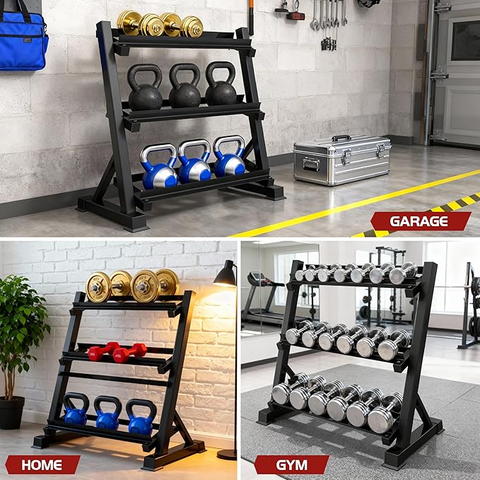 Dumbbell Rack Adjustable 3-Tier Weight Stand for Home Gym, 1100LB Capacity Heavy Duty Weight Storage Rack for Dumbbells, Kettlebells