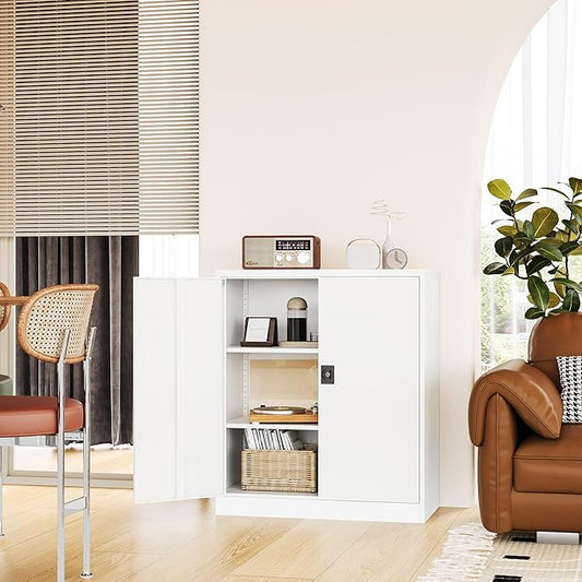 Metal Storage Cabinet-36” Tall Steel File Cabinets with Lockable Doors and Adjustable Shelves-White Steel Storage Cabinet for Home Office, School, Garag